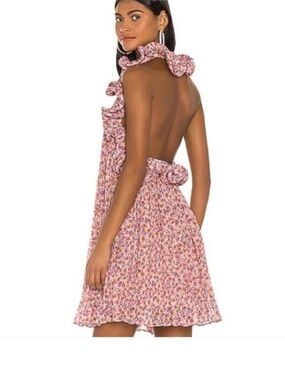 AMUR Mimi Halter Ruffled Pleated Floral Print Dress
